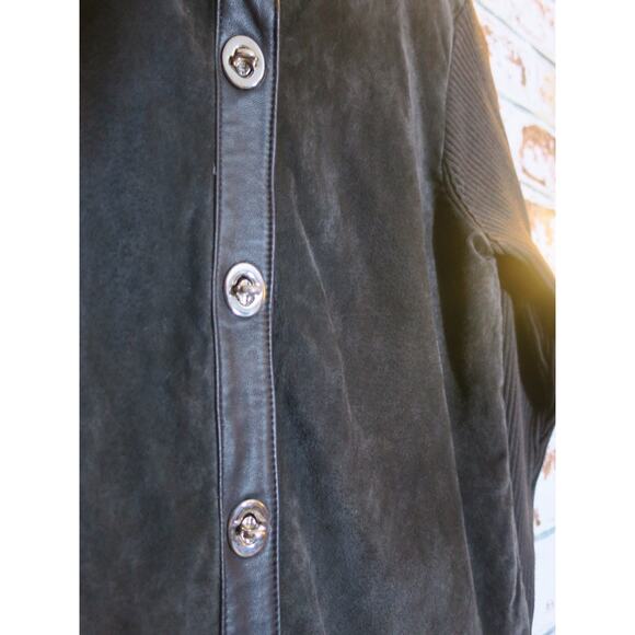 NWT Escapade Suede Leather & Knit Sweater Button Down Collarless Cardigan Jacket - Picture 4 of 8